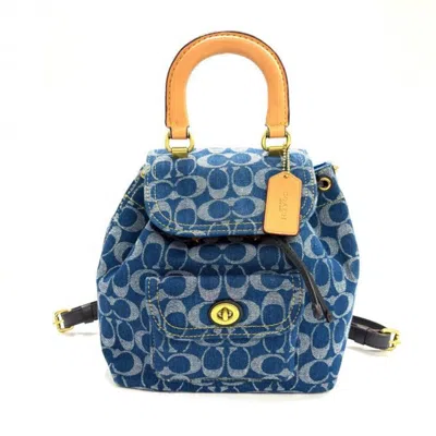 Pre-owned Coach Blue Brown Gold Denim Leather Backpack () In Blue, Brown, Gold