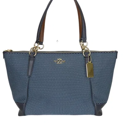 Pre-owned Coach Blue Navy Canvas Leather Tote Bag () In Multi