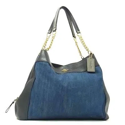 Pre-owned Coach Blue Navy Denim Leather Handbag Shoulder Bag Tote Bag ()