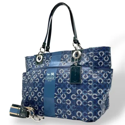 Pre-owned Coach Blue Navy Signature Line Shoulder Bag Tote Bag ()