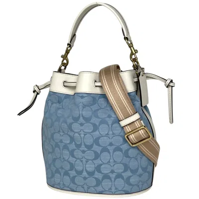 Pre-owned Coach Blue White Canvas Leather Handbag Shoulder Bag () In Multi