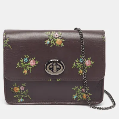 Pre-owned Coach Bowery Floral Chain Leather Shoulder Bag In Burgundy