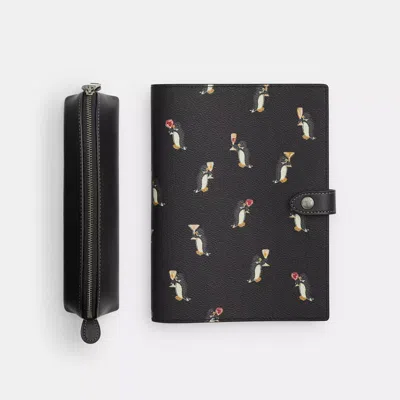 Coach Boxed Notebook And Pencil Case Set With Penguin Print In Black