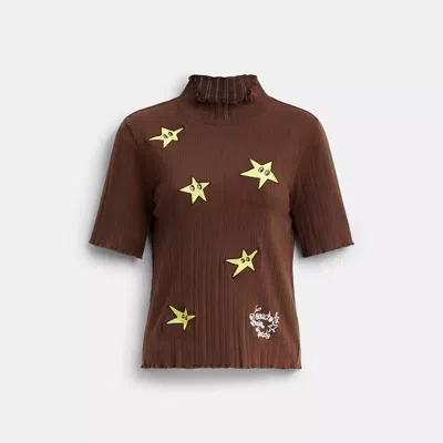 Coach Brain Dead Graphic Pointelle Mockneck Top In Brown