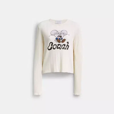 Coach Brain Dead Kachi Mouse Graphic Long Sleeve Pointelle Top In White