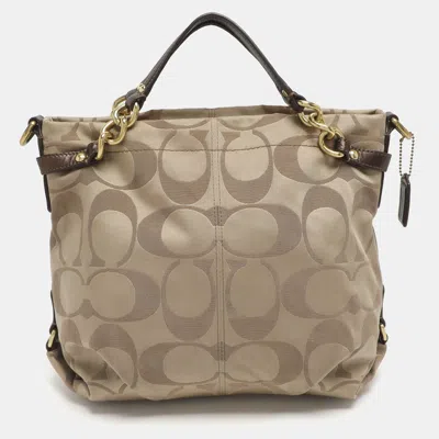 Coach Brooke Beige/brown Signature Satin And Leather Hobo In Sand