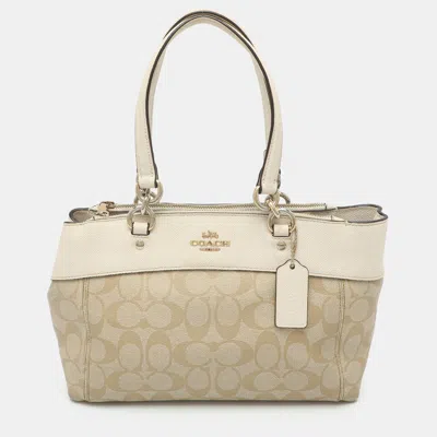 Pre-owned Coach Brooke Carryall Beige/white Signature Canvas And Leather Satchel In Sand