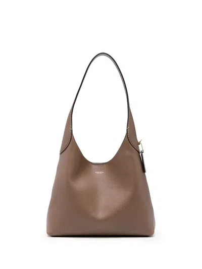 Coach Brooklyn 28 Dark Stone Leather Shoulder Bag In Taupe Leather