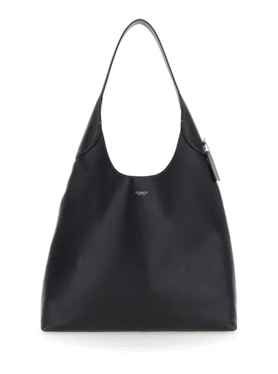 Coach Brooklyn Large Black Shoulder Bag With Logo Lettering On The Front In Leather Woman