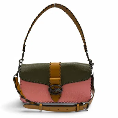 Pre-owned Coach Brown Khaki Pink Leather Handbag Saddle Bag Shoulder Bag () In Brown, Khaki, Pink