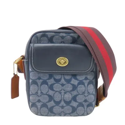 Pre-owned Coach Brown Navy Red Color Canvas Leather Pochette Shoulder Bag () In Brown, Navy, Red Color