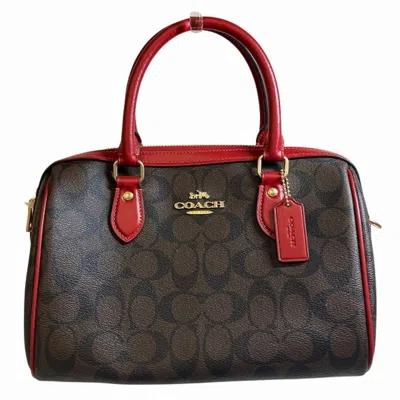 Pre-owned Coach Brown Red Color Canvas Leather Handbag Shoulder Bag () In Brown, Red Color