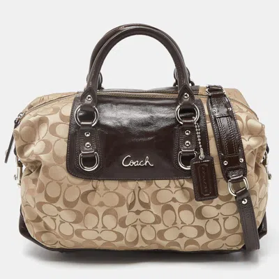 Coach /brown Signature Fabric And Patent Leather Ashley Bag In Beige