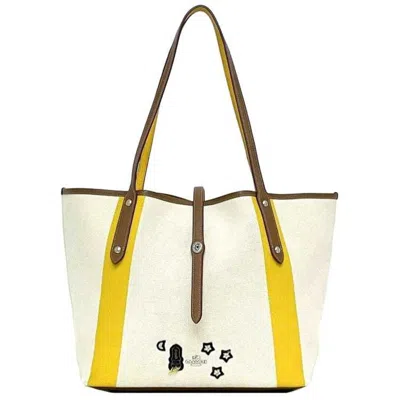 Pre-owned Coach Brown White Yellow Canvas Leather Tote Bag ()