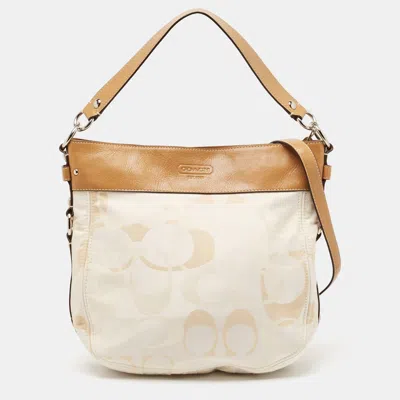 Pre-owned Coach Brown/beige Op Art Signature Fabric And Leather Zoe Hobo