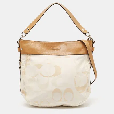 Coach Brown/beige Op Art Signature Fabric And Leather Zoe Hobo