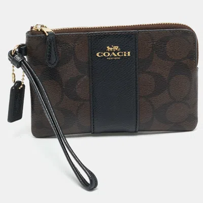 Coach Brown/black Signature Coated Canvas And Leather Corner Zip Wristlet