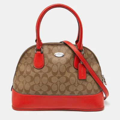 Pre-owned Coach Brown/orange Signature Coated Canvas And Leather Cora Dome Satchel