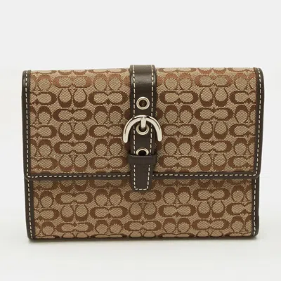 Coach Buckle Beige/brown Signature Fabric And Leather Trifold Wallet