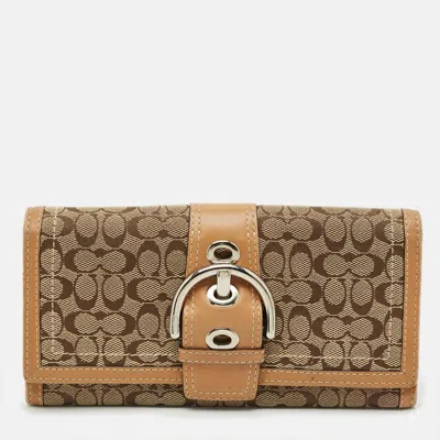 Pre-owned Coach Buckle Detail Beige/tan Signature Canvas And Leather Continental Wallet In Sand