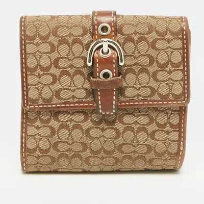 Pre-owned Coach Buckle Flap Brown/beige Signature Fabric And Leather French Wallet