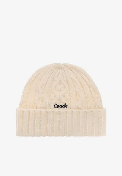 Coach Cable-knit Logo Beanie In White