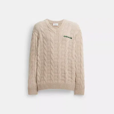 Coach Cable Knit V Neck Sweater In Beige