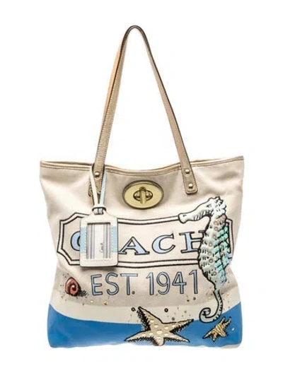 Pre-owned Coach Canvas Tote In Neutrals