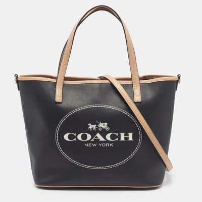Pre-owned Coach Carriage Edie Black/tan Coated Canvas And Leather Small Metro Horse Tote