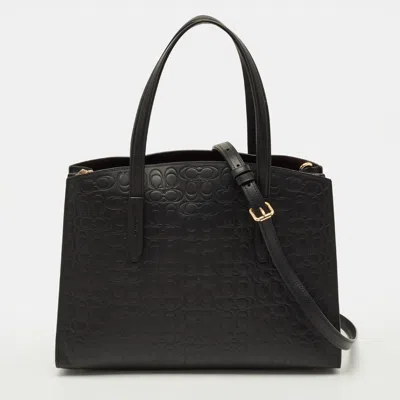 Pre-owned Coach Charlie Carryall Black Signature Embossed Leather Tote
