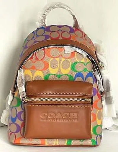 Pre-owned Coach Charter Backpack 18 Small Rainbow Signature Canvas Brown Leather Org Pkg