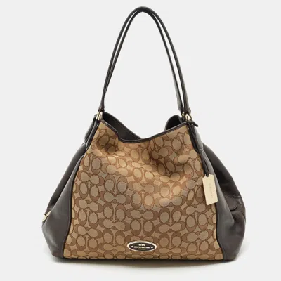 Pre-owned Coach Choco Brown/beige Signature Canvas Edie Shoulder Bag
