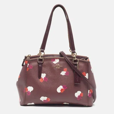Pre-owned Coach Christie Carryall Floral Print Small Burgundy Leather Satchel