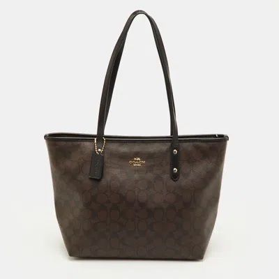 Coach City Zip Dark Brown/black Signature Coated Canvas And Leather Tote