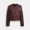 Coach Collarless Leather Jacket In Burgundy