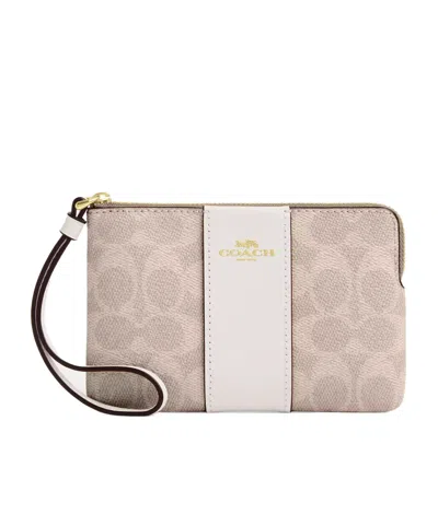 Coach Corner Zip Wristlet In Signature Canvas With Stripe