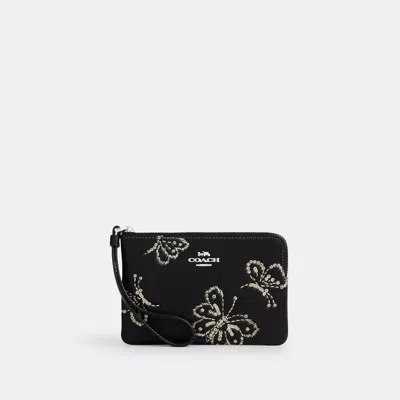 Coach Corner Zip Wristlet With Sparkly Butterfly Print In Black
