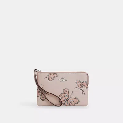 Coach Corner Zip Wristlet With Sparkly Butterfly Print In Pink
