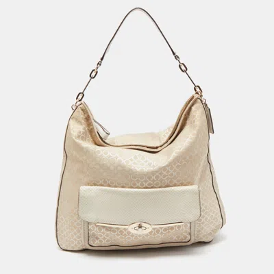 Pre-owned Coach Cream Op Art Fabric And Leather Madison Hobo