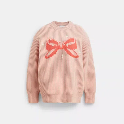 Coach Crewneck Bow Sweater In Recycled Wool In Pink