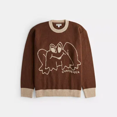 Coach Crewneck Sweater With Intarsia Star Frog Graphic In Brown