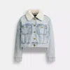 Coach Cropped Heritage C Denim Trucker Jacket In Organic Cotton With Shearling Collar In Blue