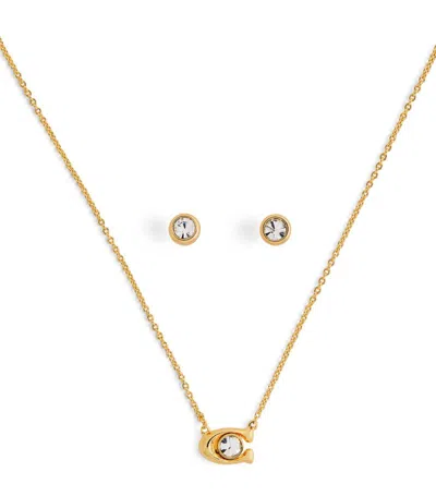 Coach Crystal Signature Necklace And Earrings Set In Gold