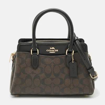 Pre-owned Coach Darci Mini Brown/black Signature Coated Canvas Carryall Satchel