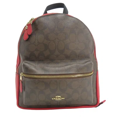Pre-owned Coach Dark Brown Red Color Pvc Leather Backpack () In Dark Brown, Red Color