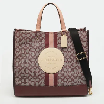 Pre-owned Coach Dempsey 40 Burgundy Signature Canvas And Leather Tote