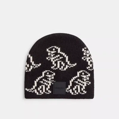 Coach Dino Print Knit Beanie In Black
