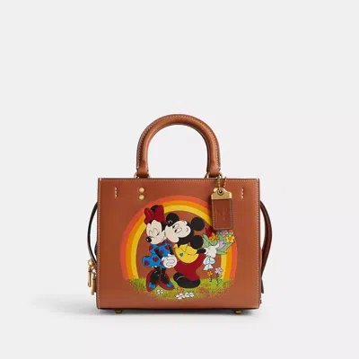 Coach Disney X  Rogue Bag 25 With Mickey Mouse And Minnie Mouse In Brass/burnished Amber Multi