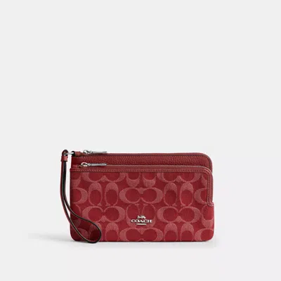 Coach Double Zip Wallet In Signature Denim In Red