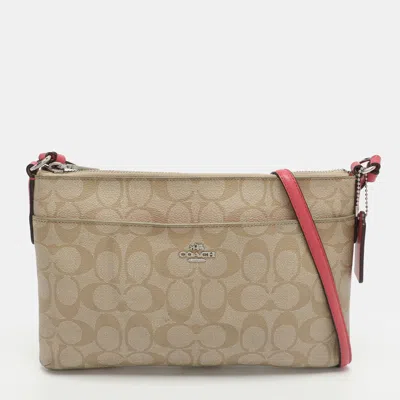 Pre-owned Coach East/west Pop Up Beige/pink Coated Canvas Pouch Crossbody Bag In Sand